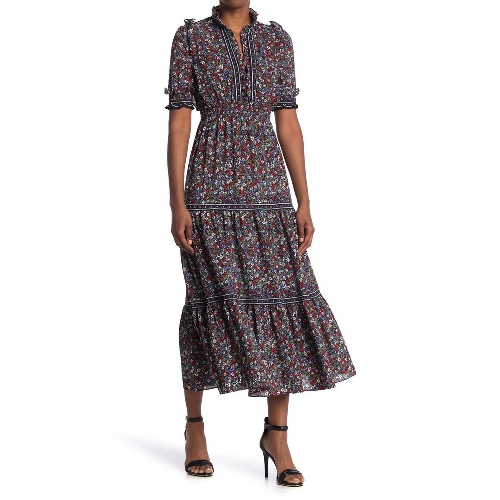 Max Studio Floral Smocked Tiered Midi Dress Navy Multi Ruffle Sleeve 8910C68 M